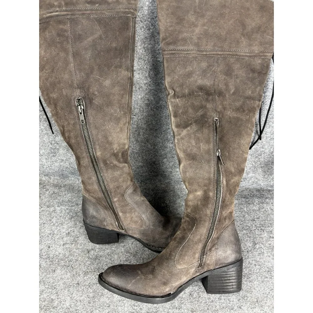 Born Boots‎ Womens Size 7.5 Brown Over The Knee Tall Leather Zip Block Heel